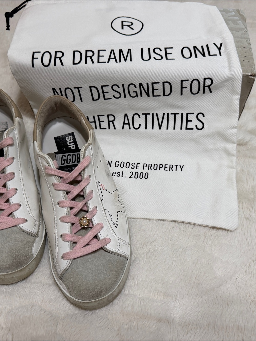 Golden Goose White Sneakers with Pink Laces and Beige Trim - Picture 4 of 8